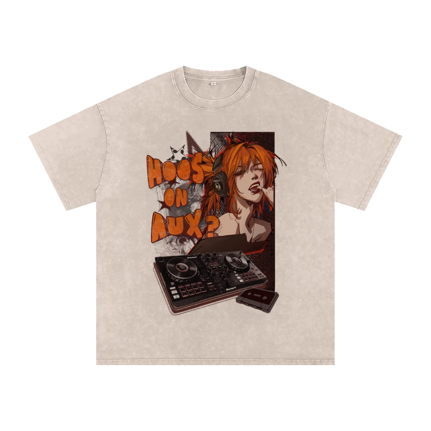 HoosOnAux tee — light colorway with the HoosOnAux turntable graphic